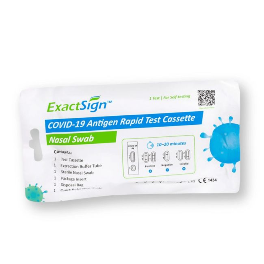 ExactSign Covid-19 Antigen Hurtigtest (Selvtest), Softpack: Selvtest-kit med næsepodning, indholdsliste, resultat tid 10-20 minutter og fortolkningshjælp til positive/negative/ugyldige resultater. Ideel til den hurtige SARS-CoV-2-test derhjemme.