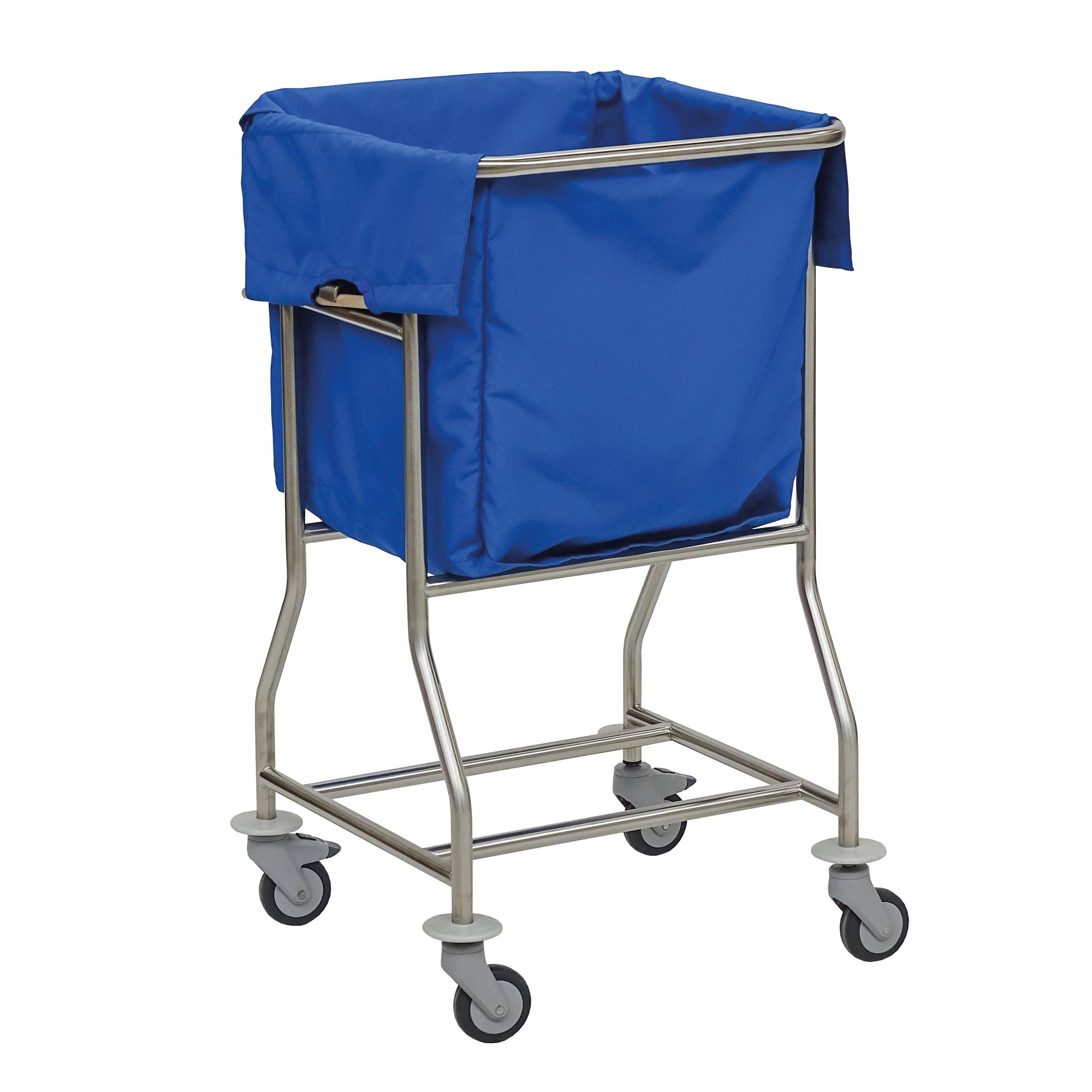 Der Novocal Frischwäschesammler, leer vor einem unifarbenen Hintergrund abgebildet, verfügt über einen blauen Stoffbeutel, einen stabilen Edelstahlrahmen mit rundum geschweißten Verbindungen und vier Lenkrollen - ideal für die Wäscheaufbewahrung.
