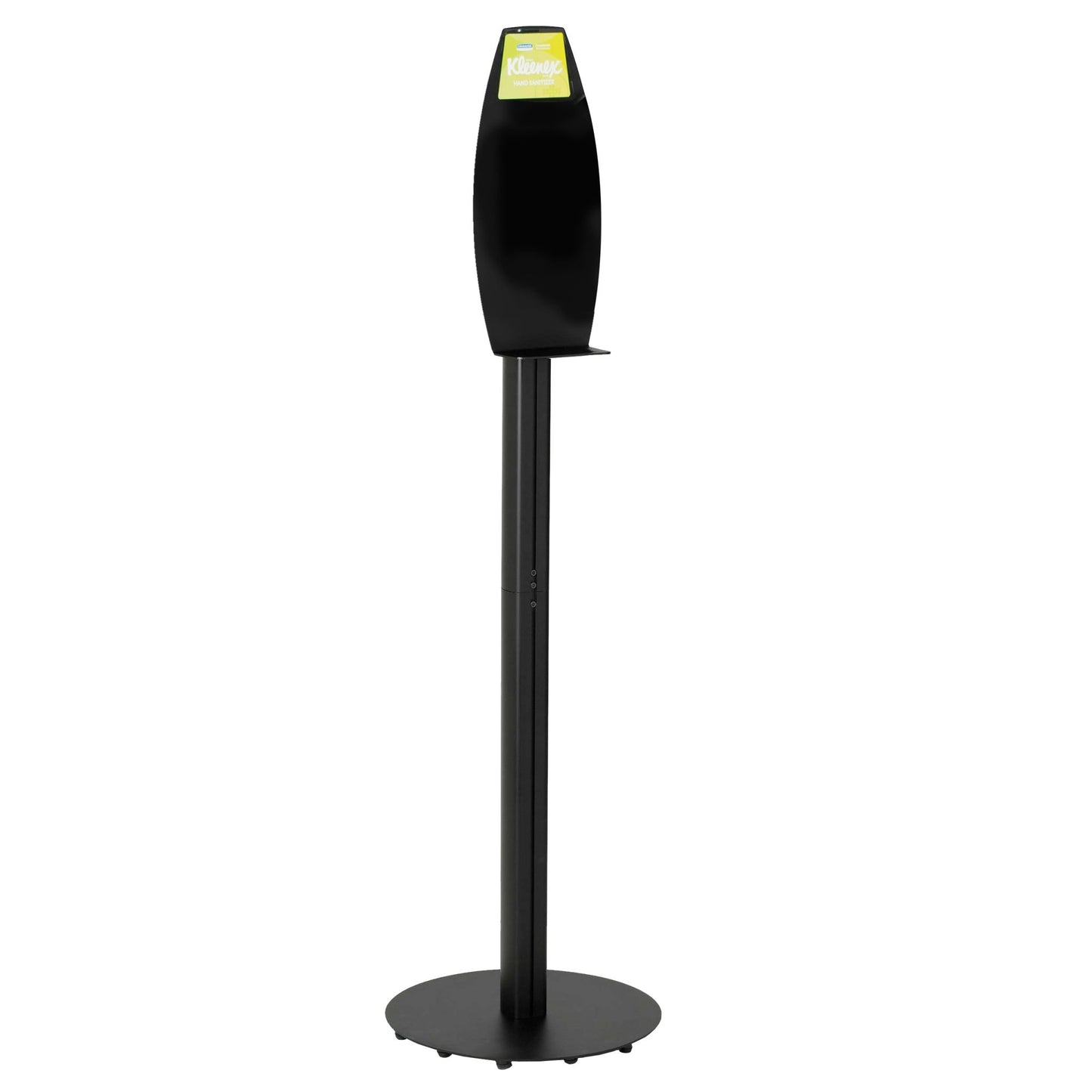 Den sorte Kimberly-Clark Professional™ Elektroniske Vaskelotionsstander har en rund sokkel, en opretstående rektangulær holder, en lille hylde og et grønt skilt - ideel til hygiejnisk håndvask i offentlige områder. 1 dispenser pr. karton. Mærke: Kimberly-Clark GmbH.