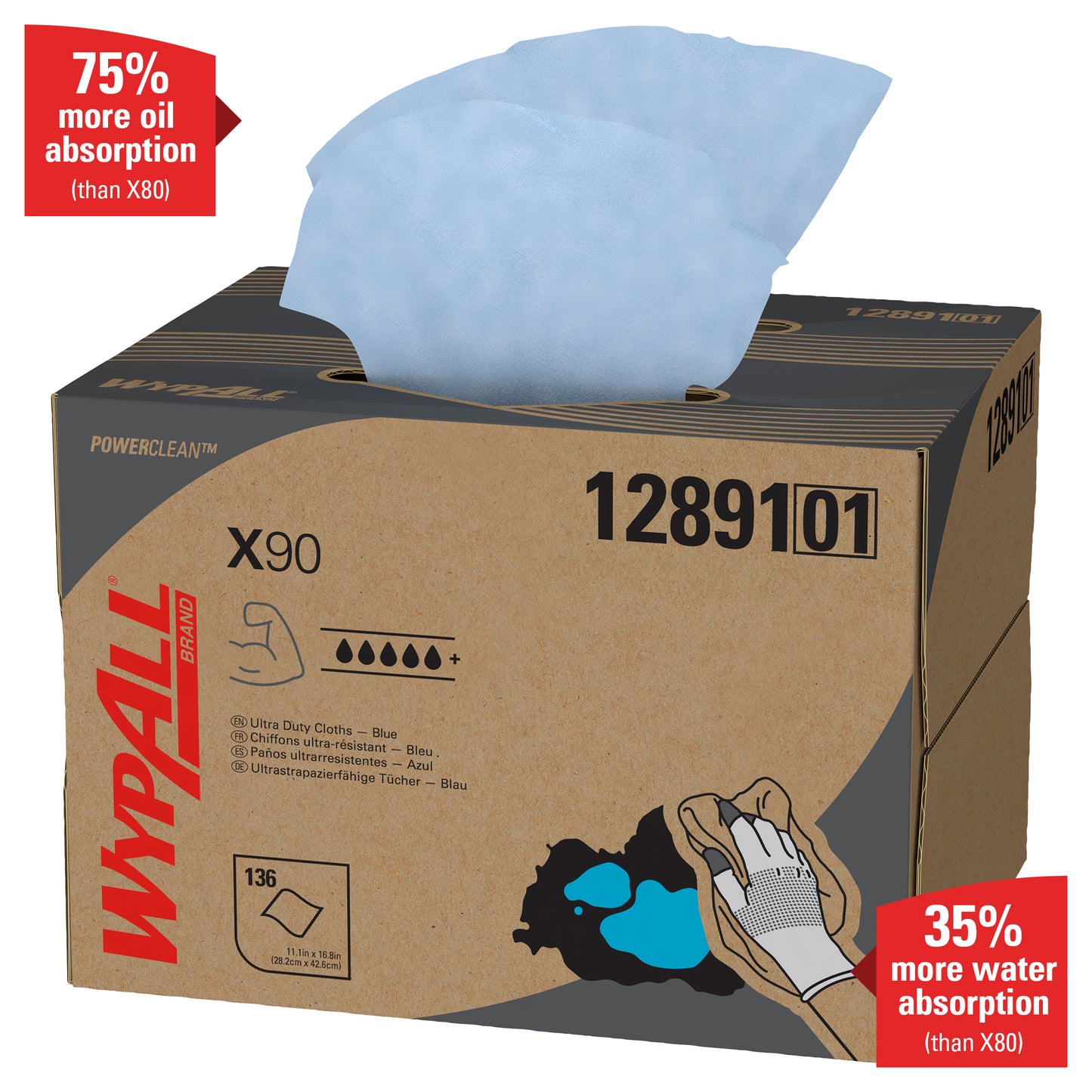 WypAll® X90 PowerClean - BRAG™ Box/Blå (1 Box x 136 ark) fra Kimberly-Clark GmbH absorberer 75% mere olie og 35% mere vand end X80 - din top løsning til stærk forurening.