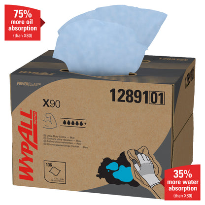 WypAll® X90 PowerClean - BRAG™ Box/Blå (1 Box x 136 ark) fra Kimberly-Clark GmbH absorberer 75% mere olie og 35% mere vand end X80 - din top løsning til stærk forurening.