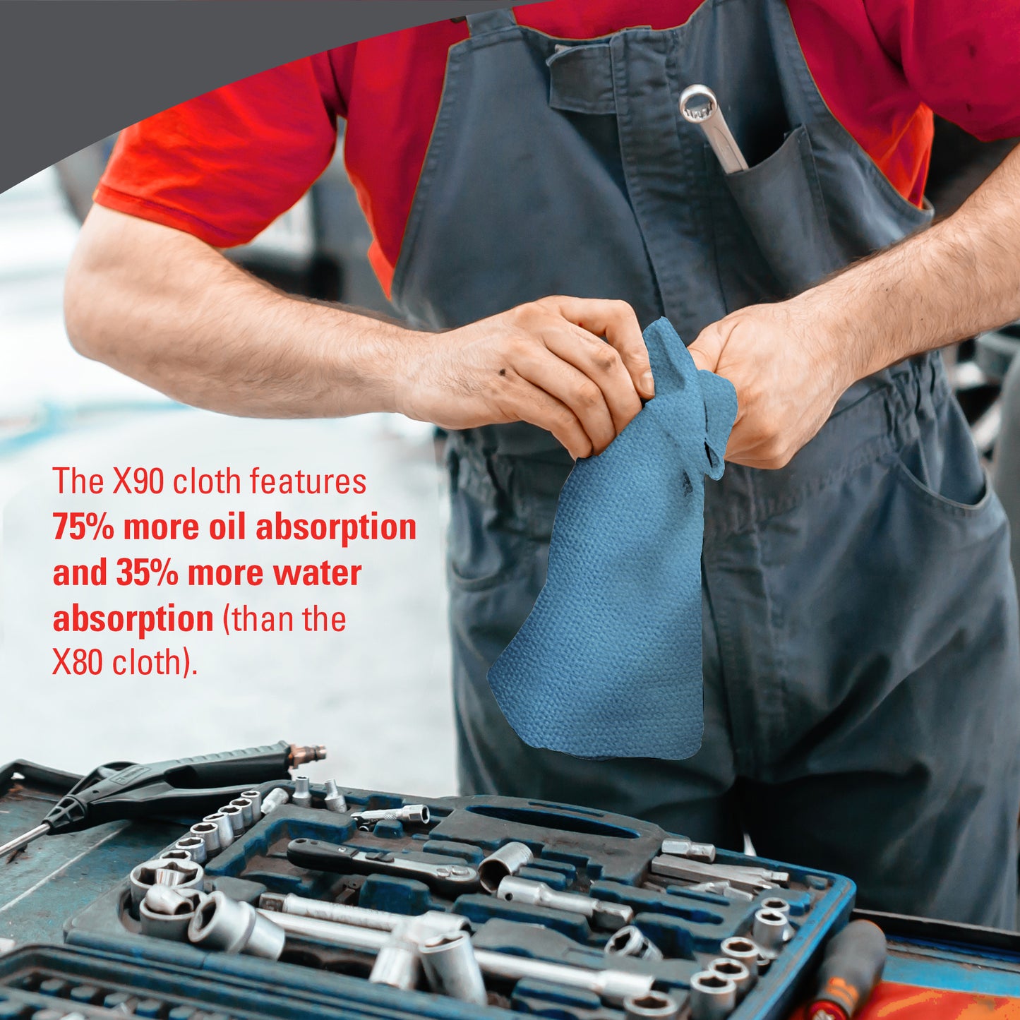 En person i arbejdstøj bruger en blå WypAll® X90 PowerClean-klud fra Kimberly-Clark GmbH på en arbejdsbænk. Teksten fremhæver den overlegne olie- og vandabsorption sammenlignet med X80, hvilket gør den ideel til enhver rengøringsløsning. 1 BRAG™ Box indeholder 136 ark.