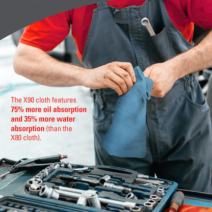 En person i arbejdstøj bruger en blå WypAll® X90 PowerClean-klud fra Kimberly-Clark GmbH på en arbejdsbænk. Teksten fremhæver den overlegne olie- og vandabsorption sammenlignet med X80, hvilket gør den ideel til enhver rengøringsløsning. 1 BRAG™ Box indeholder 136 ark.