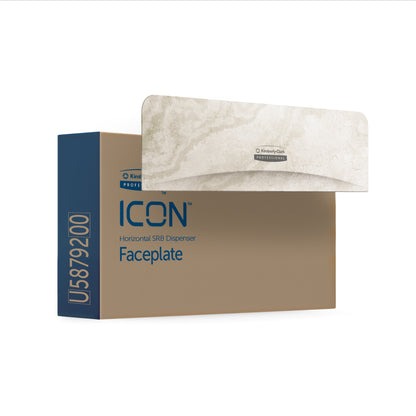 En rektangulær kasse med påskriften "Kimberly-Clark Professional™ Icon™ Dispenser Faceplate - SRBH, 32,39x10,80x3,18 cm" fra Kimberly-Clark GmbH har en marmoreret forside og betegnelsen U5879200, der er designet til Icon Dispenser-systemer.