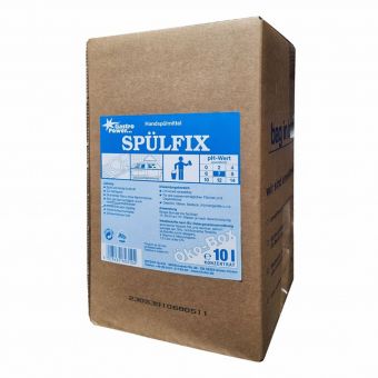 En brun kasse med påskriften "GastroPower Spulfix Øko-Box, 10 l" fra Abena Re-Seller GmbH med blå-hvide instruktioner, faresymboler og et 10-litermærke; dette biologisk nedbrydelige opvaskemiddel er miljøvenligt.
