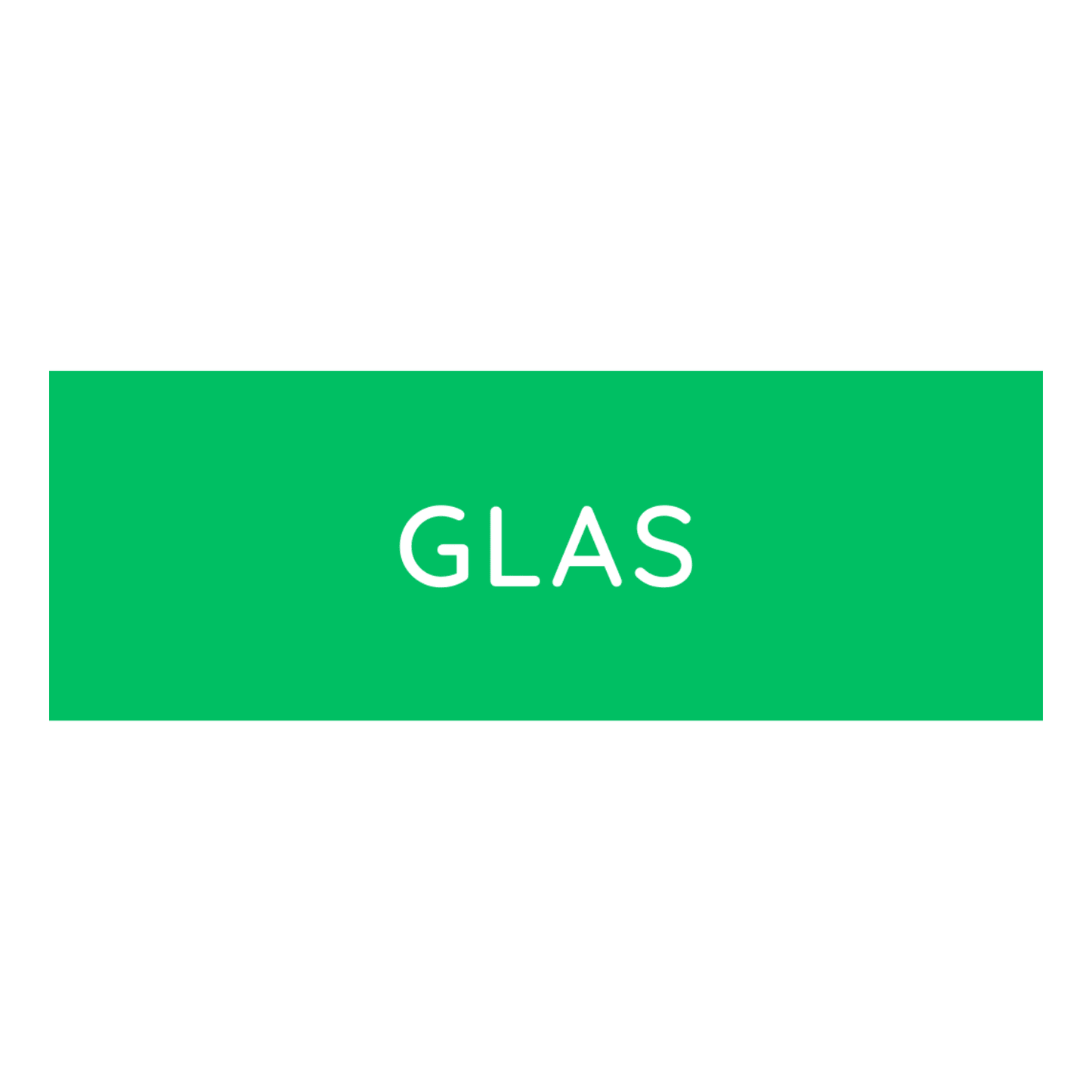 Den Novocal farvede genbrugslabel lille (1 stykke) viser et grønt rektangel med "GLAS" i hvide store bogstaver i midten, ideel til affaldssortering. Området uden for rektanglet har en hvid baggrund.