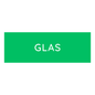 Den Novocal farvede genbrugslabel lille (1 stykke) viser et grønt rektangel med "GLAS" i hvide store bogstaver i midten, ideel til affaldssortering. Området uden for rektanglet har en hvid baggrund.