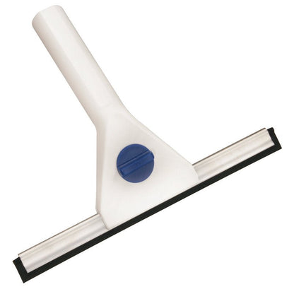 FENSTERWISKEREN, HVID MED SPECIALGUMMILÆBE fra Haug Bürsten KG med hvidt korpus, sort specialgummilæbe og blå centrallåseknap - på hvid baggrund - er ideel til stribefri renhed.