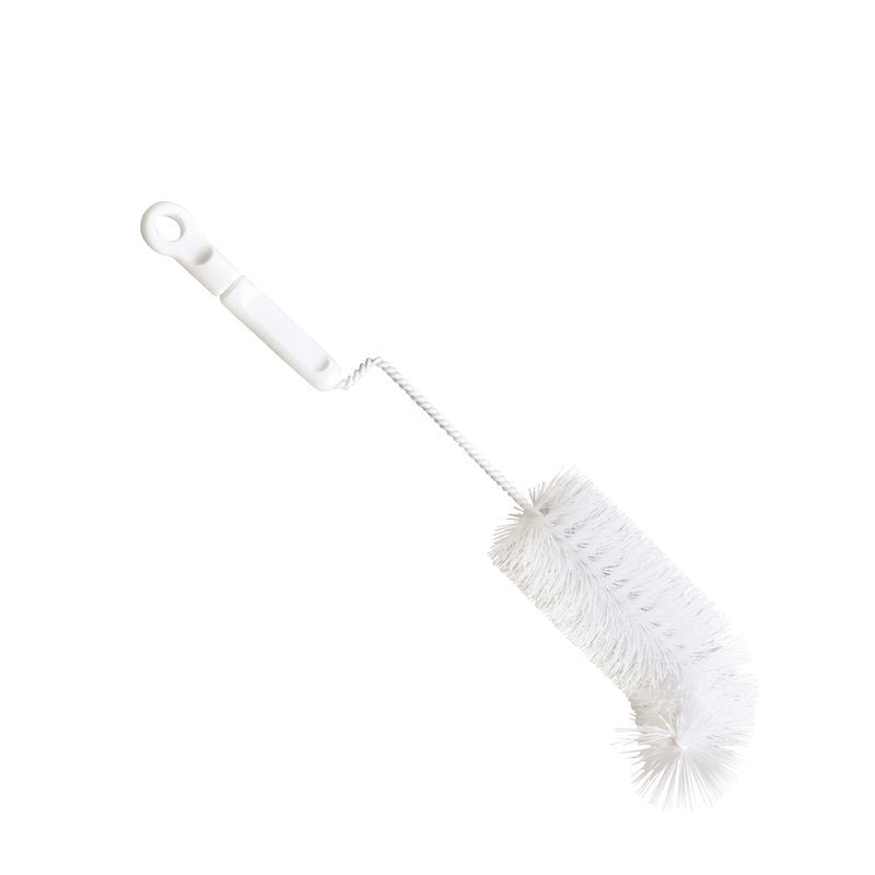 Den Haug Bürsten KG BABYFLASKEBØRSTE, NYLON 6.0 HVID, Ø0,35mm blød, 310xØ50mm har et hvidt blødt nylonbørstehoved med snoet metalstang og plasthåndtag med ophængshul - ideel til nem rengøring af babyflasker.