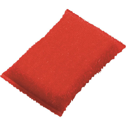 Den Haug Bürsten KG SLIBESVAMP, LILLE, PP, HÅRD (130x85x30 mm) er en rød, rektangulær køkkensvamp med en struktureret skrubbeoverflade, fremstillet af polypropylen til effektiv rengøring. Let afrundede kanter; ubrugt; på salgskort.