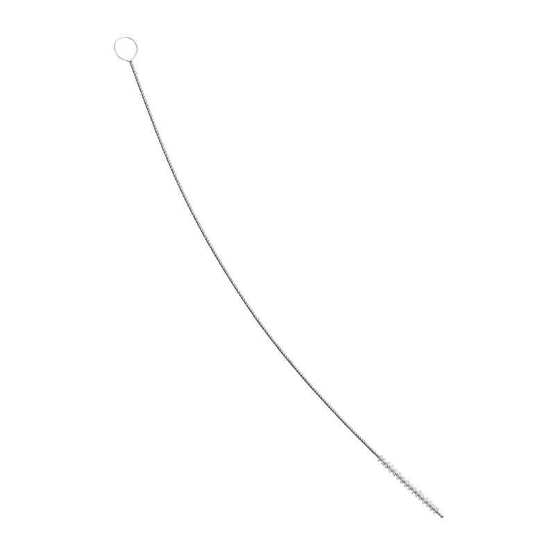 Den Haug Bürsten KG SLANGEBØRSTE, PBT transparent Ø0,20mm hård, 350 x Ø5 x 50mm er en lang, tynd metalbørste med et løkkehåndtag og vinklede PBT-børster, ideel til rengøring af slanger og rør; afbildet på hvid baggrund.