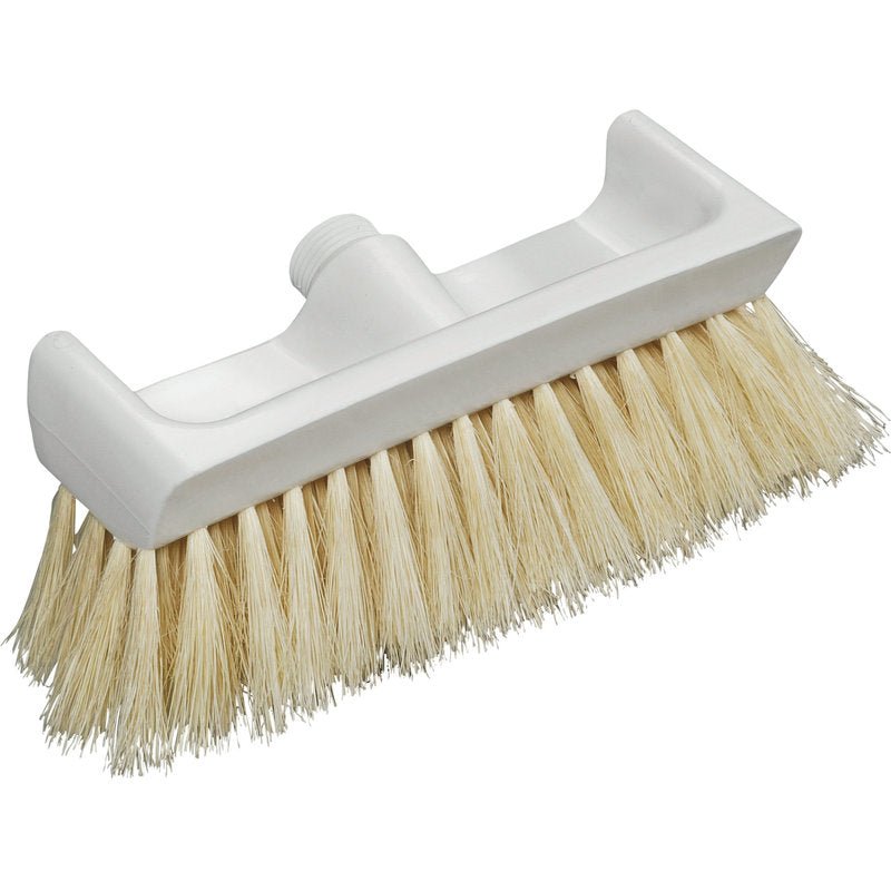 Den BAGOVENBØRSTE MED SKRABEKANT NATURFIBER, 270X100X65MM fra Haug Bürsten KG er et hvidt plastskrubbehoved med stive naturfiberbørster og en gevindboring til skaftmontering.