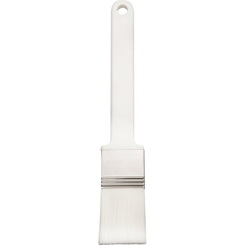 Den Haug Bürsten KG FLAD PENSEL, PBT hvid spidset ø 0,25mm blød (210x35x45mm) har et fladt børstehoved, en metalring og et lige plastikhåndtag med øvre boring - perfekt til præcist malerarbejde.