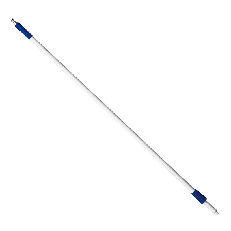 Der Haug Bürsten KG FIBERGLASSTIEL,SCHLAUCHANSCHL. 1450MM,F.GARDENA SCHLAUCHANSCH er en hvid glasfiberstang med blå håndtag og metalspidser, med en længde på 1450 mm, på hvid baggrund.