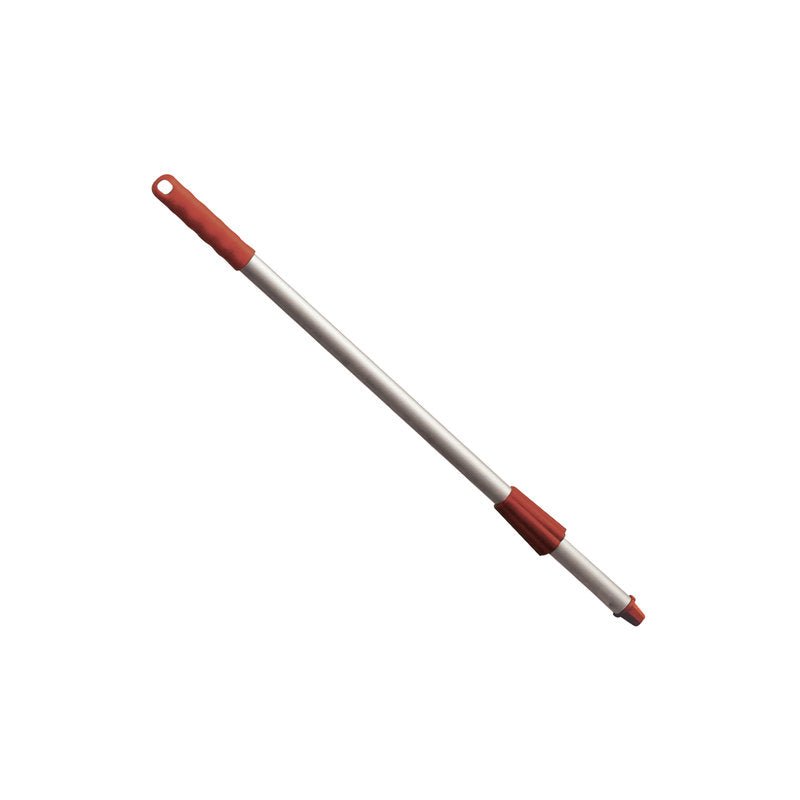 Den Haug Bürsten KG METDECT ALUSTIEL, ELOX., 650MM mast har eloxeret aluminium, røde OXIDROTE plastikhætter og en omløbermøtrik, afbildet mod en hvid baggrund.