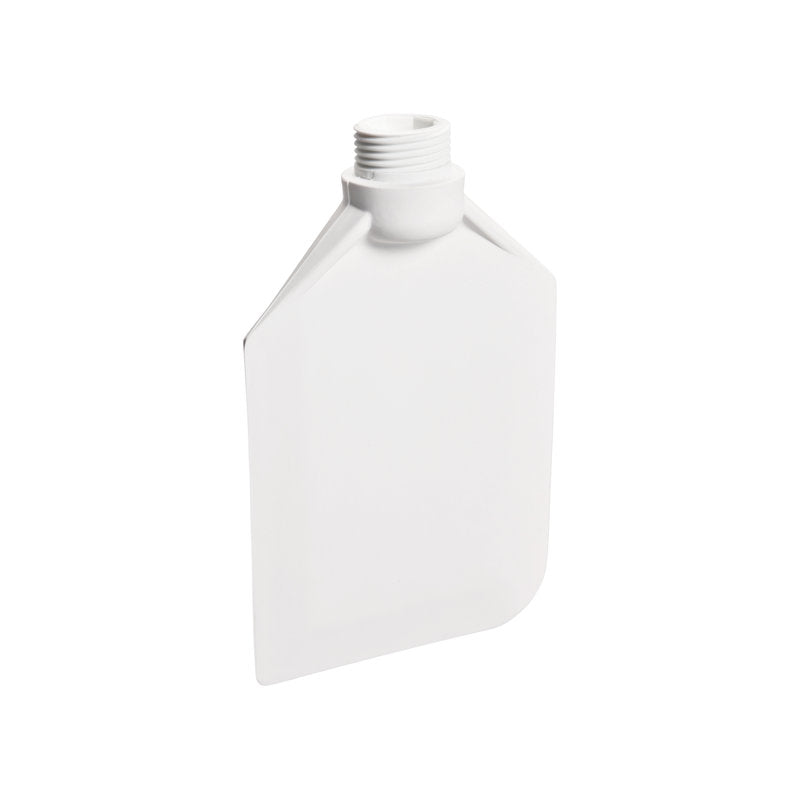 En hvid, flad, rektangulær plastflaske med skruelåg står oprejst på en ensfarvet baggrund - ideel til brug med Haug Bürsten KG RØRELSKE, BLØD, TPE 190x120x40mm, uden skaft.