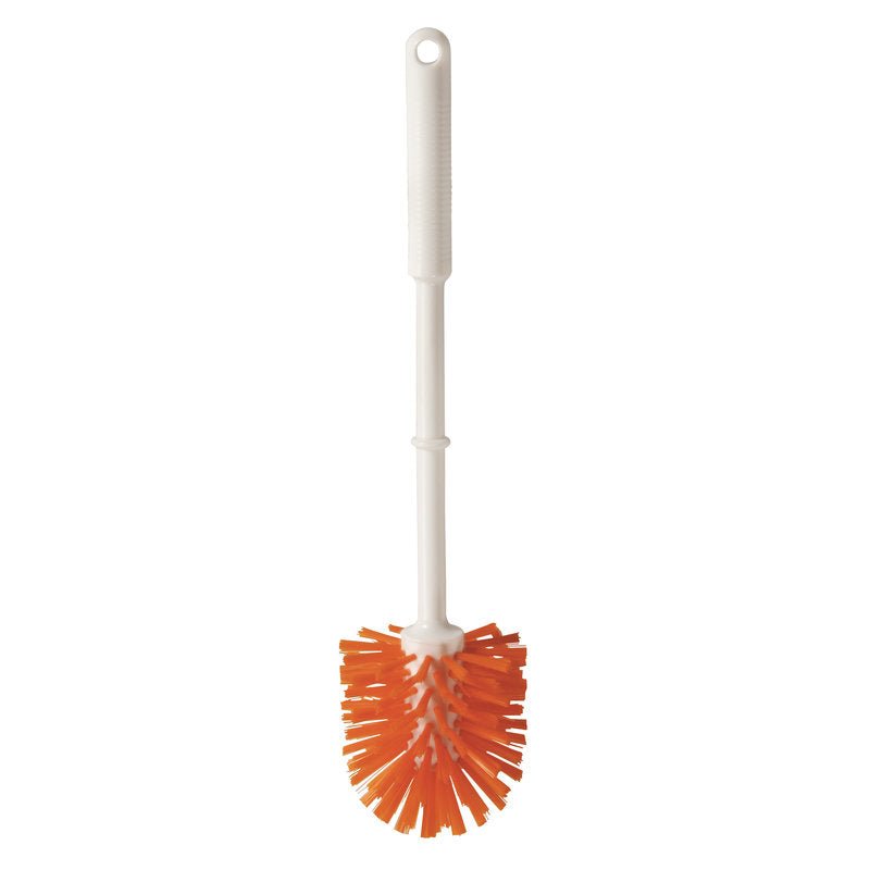 ANTI BAC WOLFBØRSTE MED HÅNDTAG Ø90MM fra Haug Bürsten KG har et hvidt håndtag og hårde orange PBT-børster (Ø0,50mm), der er afbildet på en enkel hvid baggrund.