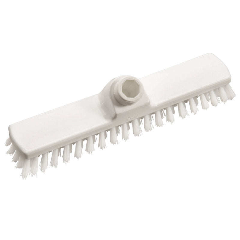 WISCHER,PP HVID Ø 0,35MM HÅRD 280X50X20MM fra Haug Bürsten KG har stive hvide PP-børster og en central skafttilslutning, hvilket gør denne rektangulære børste ideel til rengøring af gulve og overflader i hjemmet.