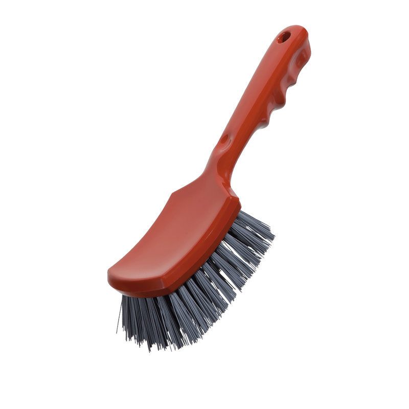 Et gråt greb af Haug Bürsten KG METAL DETECT STIELBØRSTE, PBT 0,60mm hårde børstehår, 260x72x35mm, vist på hvid baggrund. Udstyret med fingerfordybninger og et ophængshul; ideel til industrielle metaldetektionsapplikationer.