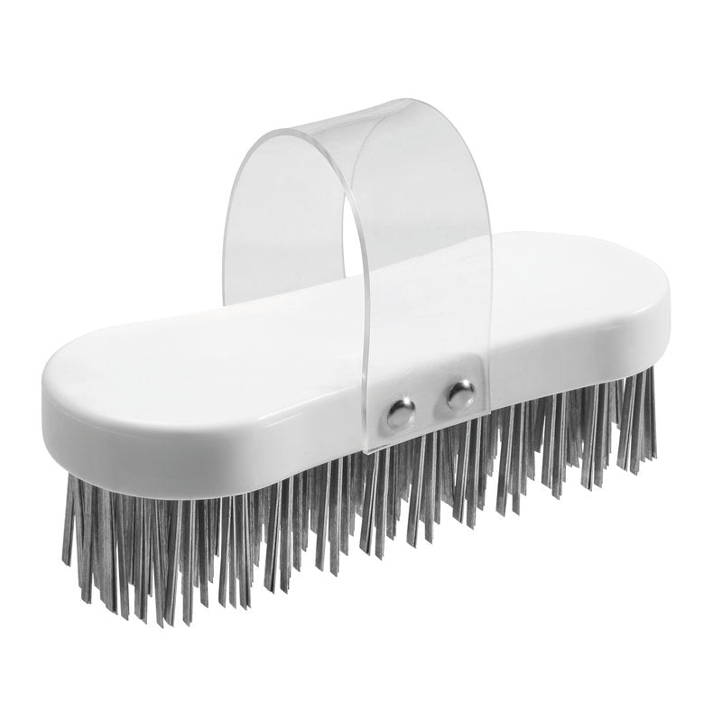 KG Hackstockbørste, fladtråd styrke 3,3x0,6mm Hard185x75x37, en hvid oval skrubbebørste med klart greb og stive metalbørster til træbearbejdning, vises foran en enkel baggrund.