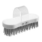 KG Hackstockbørste, fladtråd styrke 3,3x0,6mm Hard185x75x37, en hvid oval skrubbebørste med klart greb og stive metalbørster til træbearbejdning, vises foran en enkel baggrund.