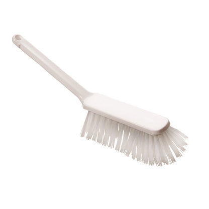 En hvid plastik HÅNDBØRSTE, PBT, Ø 0,50MM HÅRD, 310x40x45MM fra Haug Bürsten KG med et langt håndtag og stive børster, isoleret på en enkel hvid baggrund.