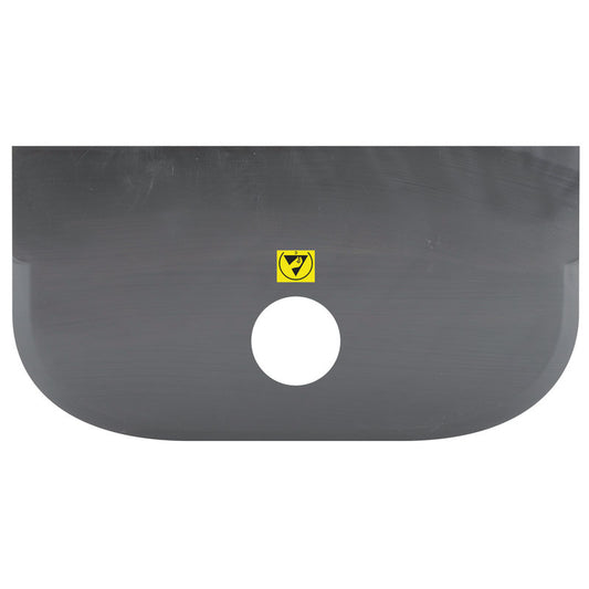 Nahaufnahme des Haug Bürsten KG ESD SCHABER GROß, PP, FLEXIBEL in schwarz (230x118mm), mit abgerundetem Rand, Mittelloch und gelbem Warnsymbol - ideal für den Einsatz in elektrostatisch geschützten Bereichen.