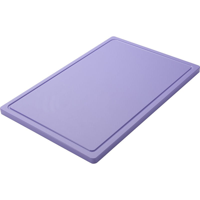 Afbildet er et rektangulært, lilla SKÆREBRÆT STOR (600x400x20mm) fra Haug Bürsten KG af skridsikkert PE med let forhøjet kant foran hvid baggrund.