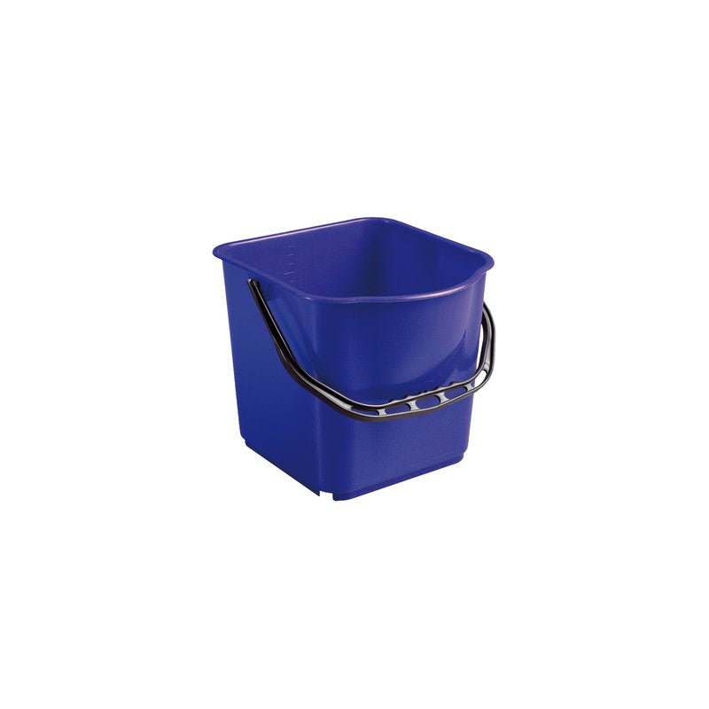 Haug Bürsten KG SPAND, PP, 15L med sort hank (340x335x285mm) vises foran en hvid baggrund. Den rektangulære blå spand har afrundede hjørner og et praktisk sort håndtag til nem transport.