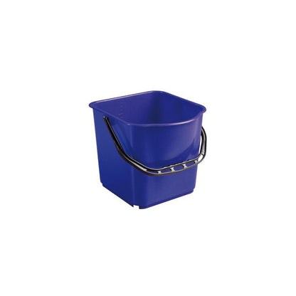 Haug Bürsten KG SPAND, PP, 15L med sort hank (340x335x285mm) vises foran en hvid baggrund. Den rektangulære blå spand har afrundede hjørner og et praktisk sort håndtag til nem transport.