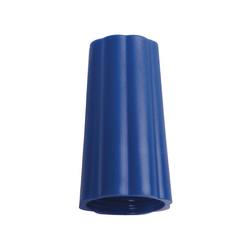 En blå plastforbinder med en ribbet, konisk form og en hul bund, der ligner Haug Bürsten KG OVERFØRINGSMØTRIK UDENDØRS-ø 25MM BLÅ(BENETTON) 74Xø 42MM.