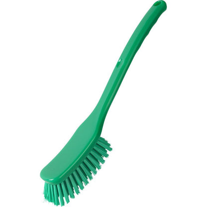 Den UNIVERSALBØRSTE, BRED, 295x40x23mm fra Haug Bürsten KG er lavet af grøn plastik med langt håndtag og stive børster. Dens skrå design er ideel til rengøring af gulve og skrubning af svært tilgængelige steder. Afbildet på hvid baggrund.