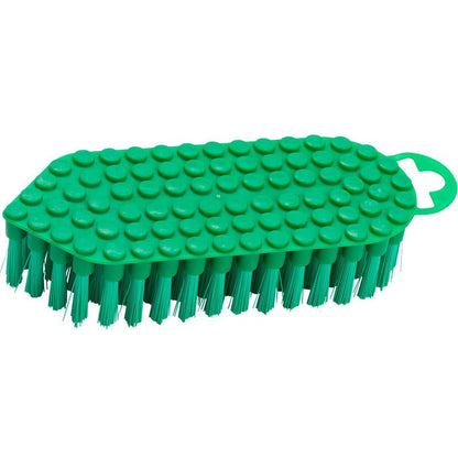Den Haug Bürsten KG FLEXO-BØRSTE, ø 0,35MM MIDDEL (190x70x25 mm) er en grøn skrubbebørste med stive børster og et struktureret, ovalt plastikgreb med cirkulære forhøjninger og en åben ophængsring.