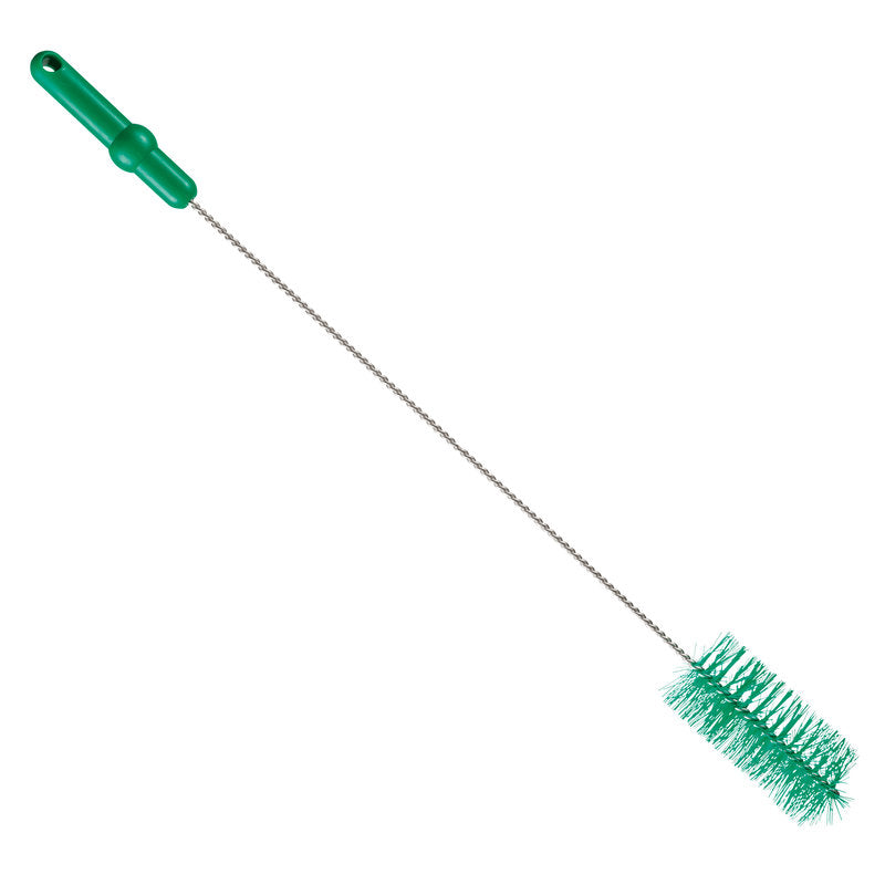 Die Haug Bürsten KG ROHRBÜRSTE, ø 0,50MM MITTEL 700Xø 60MM verfügt über einen grünen Kunststoffgriff, einen gedrehten Metallstiel und dichte grüne Borsten für die Rohrreinigung, die vor einem weißen Hintergrund dargestellt sind.