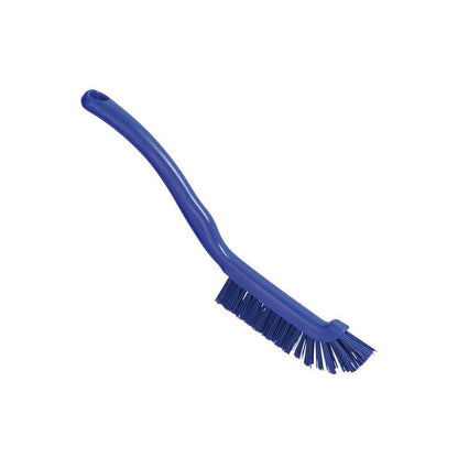 Haug Bürsten KG FUGEBØRSTE, Ø 0,50MM HÅRD (220x15x19mm), har robuste børster og et buet håndtag til effektiv fugerengøring. Afbildet i blåt plastik foran en enkel hvid baggrund.