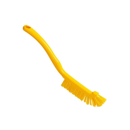 Haug Bürsten KG FUGEBØRSTE, Ø 0,50MM HÅRD, 220x15x19mm, har robuste gule plastikbørster og et langt buet skaft, perfekt til fugerengøring. Udstillet på en enkel hvid baggrund.