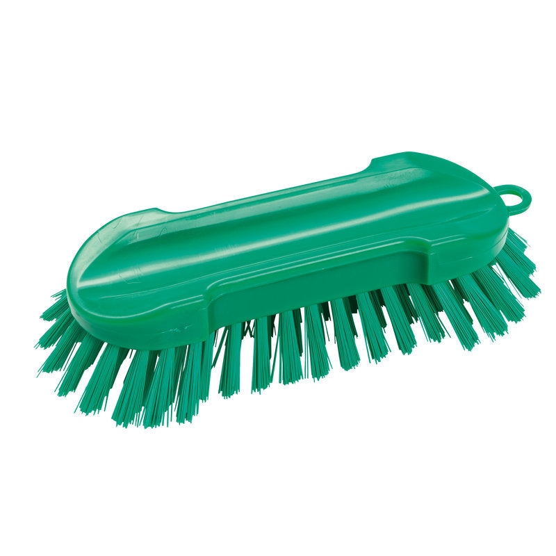 WASCHBÜRSTE RUND, HÅRD 205X65X30MM fra Haug Bürsten KG er en grøn håndbørste med hårde børstehår, et ergonomisk plasthåndtag og en ophængsstrop - perfekt til rengøringsopgaver.