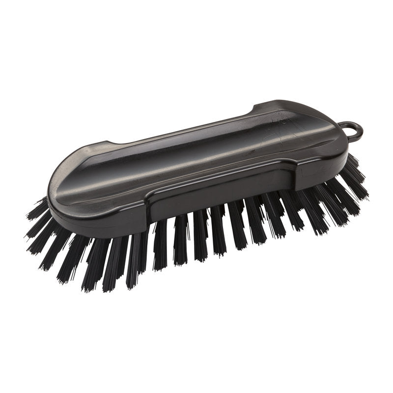 WASCHBÜRSTE RUND, HÅRD 205x65x30mm fra Haug Bürsten KG har et sort, robust plasthåndtag med hårde børstehår til effektiv rengøring. De vinklede børstehår fjerner snavs uden besvær, og håndtaget har en strop til ophængning. Afbildet på hvid baggrund.