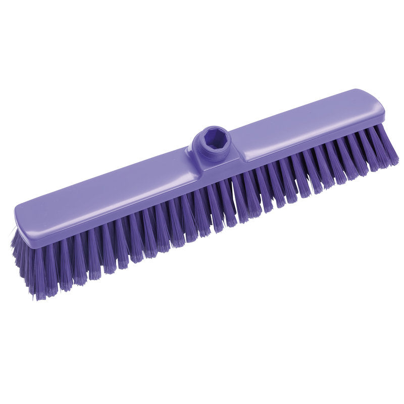 Den STORRUMSKOST, BLØD 400X60X50MM fra Haug Bürsten KG er en lilla kost med bløde børster og en central bøsning til skaftmontering, ideel til effektiv rengøring af store områder.