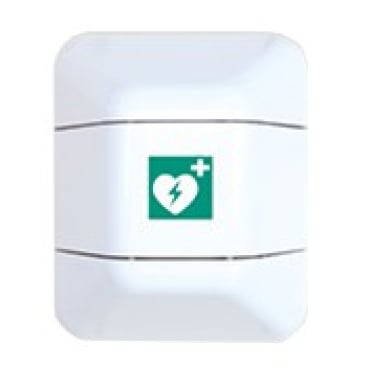 Novocal help Defibrillator-skab af plast fra Novocal er et hvidt, vægmonteret defibrillator-skab med et grønt hjerte, et lyn og et plustegn, der angiver opbevaring af defibrillatoren.
