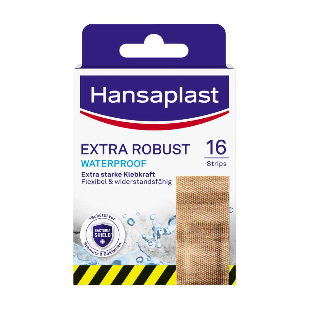 En æske Hansaplast Extra Robust Waterproof plaster fra Beiersdorf AG med 16 tekstilplastre. Emballagen fremhæver plasternes stærke klæbekraft, fleksibilitet og modstandsdygtighed med Hi-DRY TEX-teknologi.