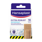 En æske Hansaplast Extra Robust Waterproof plaster fra Beiersdorf AG med 16 tekstilplastre. Emballagen fremhæver plasternes stærke klæbekraft, fleksibilitet og modstandsdygtighed med Hi-DRY TEX-teknologi.