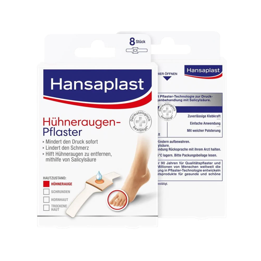 For- og bagside af en Beiersdorf AG Hansaplast ligtornplaster, 40% salicylsyre | Pakke (8 stykker) boks. Forsiden viser et billede af plasteret med ekstra lang fikseringsstrimmel på en fod. På bagsiden finder du anvendelsesinstruktioner og advarsler om salicylsyreindholdet. Pakken indeholder 8 plastre.