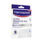 Et billede af en Beiersdorf AG Hansaplast Sensitive XXL, særligt hudvenlig 8 x 10 cm | Pakke (5 stk)-boks. Strimlerne er designet til meget følsom hud. Den overvejende hvid-blå boks indeholder tekst på tysk og engelsk.