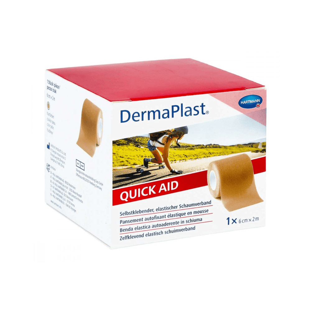 Produktemballage til Hartmann DermaPlast® Quick Aid selvklæbende skumbandage, 6 cm x 2 m, fra Paul Hartmann AG. Emballagen viser billeder af bandagen og en løber, der bruger den på sit knæ.