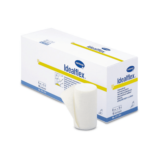 En æske med Idealflex® lette universalbandager fra Paul Hartmann AG, hvor en rulle foran er delvist udpakket, hvilket fremhæver produktets tekstur og form. Emballagen er hvid og blå med tekst og mærkeoplysninger.