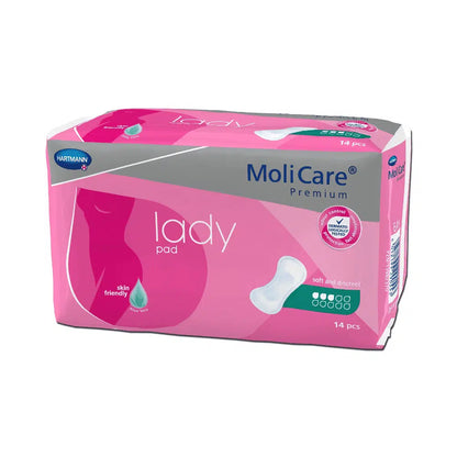 En pakke Hartmann MoliCare® Premium lady pad indlæg med 14 stykker. Den lyserøde pakke viser et produktbillede og er mærket med teksten „blød og diskret“ med en sugeevne på 4 dråber, ideel til let blæresvaghed, og et „hudvenligt“-symbol. Paul Hartmann AG