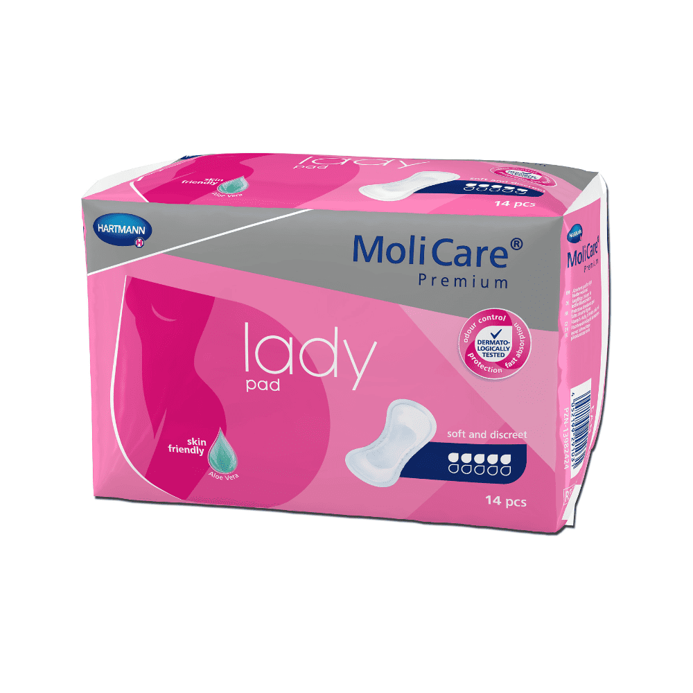 En pakke Hartmann MoliCare® Premium Lady Pad indlæg med 14 stykker. Pakken er lyserød og lilla og har et hvidt dråbesymbol, der angiver, at de er hudvenlige for personer med let blæresvaghed. Teksten på emballagen indeholder „blød og diskret“ og logoet „Paul Hartmann AG“ i øverste venstre hjørne.