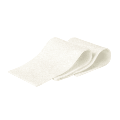 En enkelt Hartmann Sorbalgon® Classic, Calciumalginat-kompresser - 10 stykker, fremstillet af fibre udvundet fra tang, bølget i den ene ende, præsenteret på en sømløs hvid baggrund fra Paul Hartmann AG.