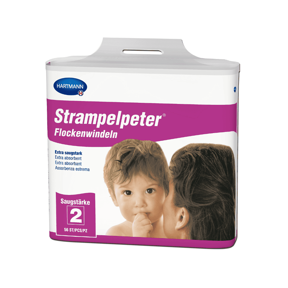 En pakke Hartmann Strampelpeter® Flockebleer - 56 stykker sugebleer med et billede af en baby, der rører ved ansigtet af en kvinde. Teksten angiver "Størrelse 2" og inkluderer.